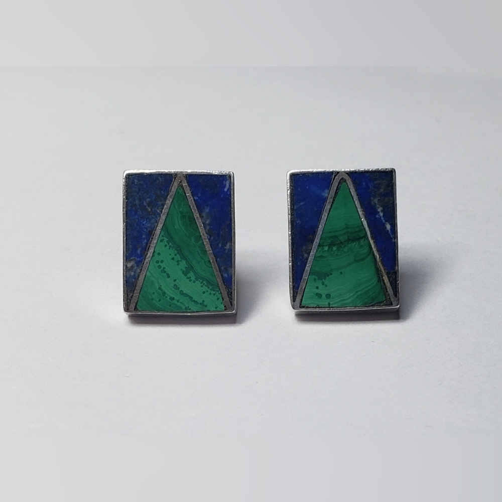 Rectangular Malachite /Lapis Inlay Vintage Sterli… - image 1